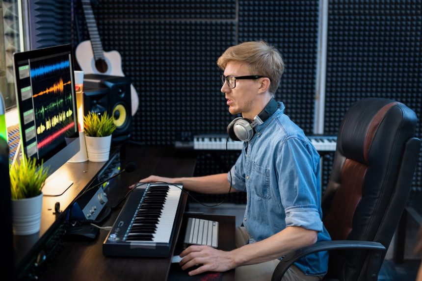 Młody mężczyzna deejay w dżinsowej koszuli patrząc na miksowanie dźwięku na ekranie komputera, siedząc przy biurku przed monitorem