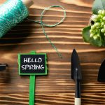 Z góry napis Hello Spring i narzędzia ogrodnicze na drewnianym stole
