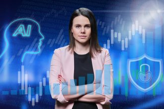 Pewna siebie młoda kobieta biznesowa patrząca w kamerę z skrzyżowanymi ramionami użycie sztucznej inteligencji w wykresach wzrostu biznesu tło technologii cyfrowych