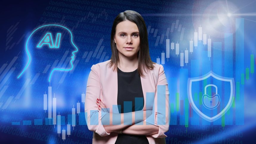 Pewna siebie młoda kobieta biznesowa patrząca w kamerę z skrzyżowanymi ramionami użycie sztucznej inteligencji w wykresach wzrostu biznesu tło technologii cyfrowych