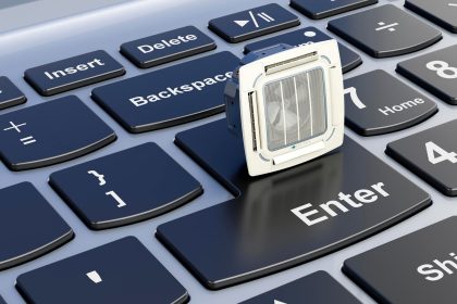Sufitowa jednostka kasetonowa Wewnętrzna jednostka klimatyzacji na klawiaturze laptopa renderowania 3D