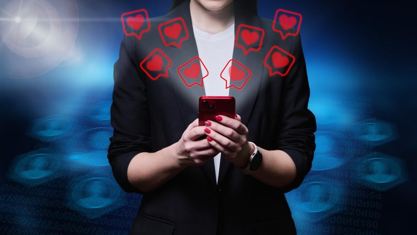 Zbliżenie rąk kobiety używającej smartfona z ikonami takimi jak serca