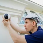 Technik instaluje kamerę CCTV na fasadzie budynku mieszkalnego