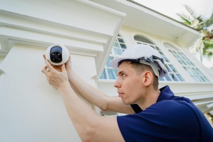 Technik instaluje kamerę CCTV na fasadzie budynku mieszkalnego