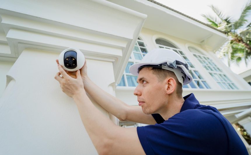 Technik instaluje kamerę CCTV na fasadzie budynku mieszkalnego