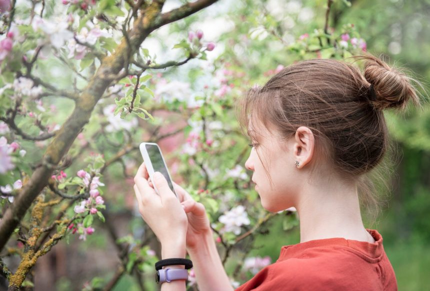 Młoda dziewczyna w kwitnącym ogrodzie robi zdjęcia kwitnących drzew smartfonem