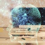 Wielokrotna ekspozycja rysunku mózgu i tła wnętrza biura Koncepcja technologii danych