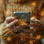 Korzystając z telefonu komórkowego biznesmen korzysta z adresu e-mail, telefonu i ikon wiadomości czatu, aby połączyć się z obsługą klienta