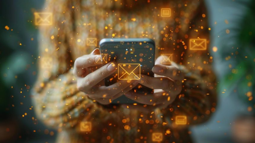 Korzystając z telefonu komórkowego biznesmen korzysta z adresu e-mail, telefonu i ikon wiadomości czatu, aby połączyć się z obsługą klienta