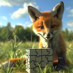 Słodki czerwony lis siedzi na zielonym polu z trawą i dzikimi kwiatami i z ciekawością patrzy na kostkę puzzle