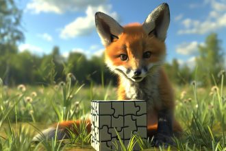 Słodki czerwony lis siedzi na zielonym polu z trawą i dzikimi kwiatami i z ciekawością patrzy na kostkę puzzle