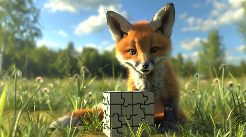 Słodki czerwony lis siedzi na zielonym polu z trawą i dzikimi kwiatami i z ciekawością patrzy na kostkę puzzle