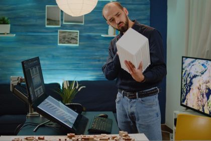 Architekt mężczyzna sprawdzający makietę w ręku z modelem na monitorze