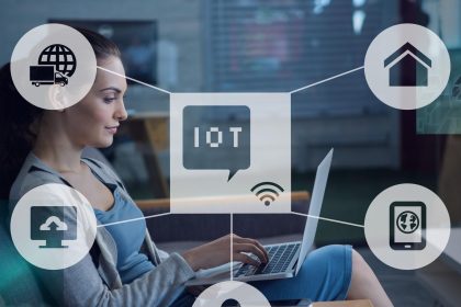 Kompozycja ikony iot z siecią połączeń nad kobietą korzystającą z laptopa