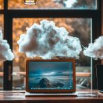 Zdjęcie trzy laptopy są na stole z chmurą na tle