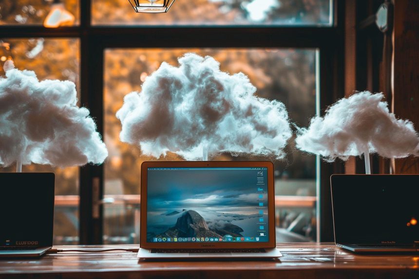 Zdjęcie trzy laptopy są na stole z chmurą na tle