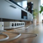 Różne wtyczki elektryczne w gniazdach i paskach zasilania na podłodze w pomieszczeniach