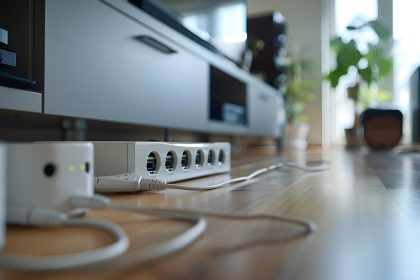 Różne wtyczki elektryczne w gniazdach i paskach zasilania na podłodze w pomieszczeniach