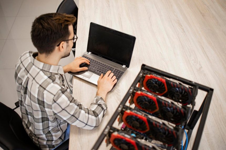 Widok z góry programisty pracującego nad swoją platformą do wydobywania kryptowalut, sprawdzającą wartość bitcoinów i zarobki