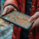 Osoba korzystająca ze smartfonu z aplikacją nawigacyjną