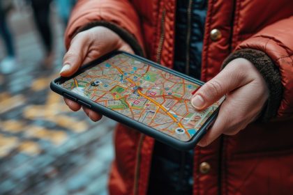 Osoba korzystająca ze smartfonu z aplikacją nawigacyjną