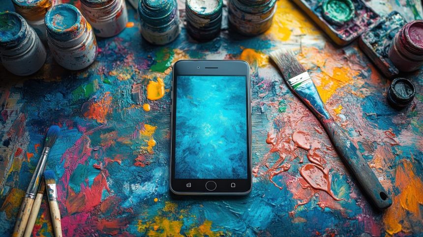 Smartfon na palecie kolorowych farb