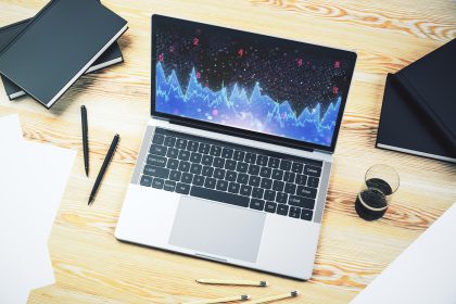 Monitor komputerowy z abstrakcyjną twórczą analityką danych analitycznych w arkuszu kalkulacyjnym koncepcja analizy i analizy Renderowanie 3D