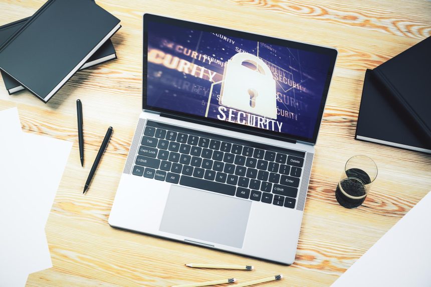 Monitor komputerowy z kreatywną ilustracją blokady światła i koncepcją cyberbezpieczeństwa mikroukładu Renderowanie 3D
