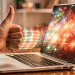 Pływający holograficzny laptop i świecący kciuk z dużą przestrzenią do kopiowania na białym tle