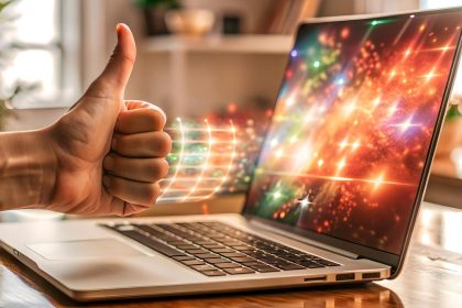 Pływający holograficzny laptop i świecący kciuk z dużą przestrzenią do kopiowania na białym tle