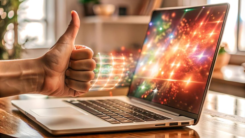 Pływający holograficzny laptop i świecący kciuk z dużą przestrzenią do kopiowania na białym tle