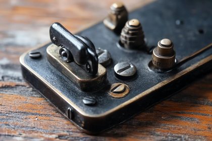 Zbliżenie starego panelu sterowania z mosiądzu i czarnego metalu