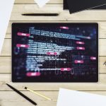 Streszczenie kreatywne kodowanie ilustracja na nowoczesnej koncepcji rozwoju oprogramowania do wyświetlania cyfrowych tabletów Widok z góry Renderowanie 3D