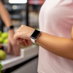 Kobieta nosząca inteligentny zegarek przed sztuczną inteligencją świeżych produktów