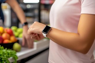 Kobieta nosząca inteligentny zegarek przed sztuczną inteligencją świeżych produktów