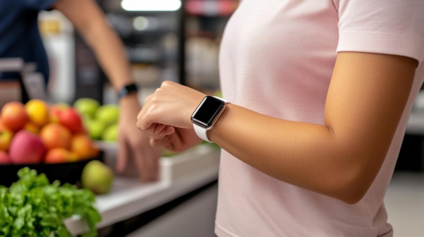 Kobieta nosząca inteligentny zegarek przed sztuczną inteligencją świeżych produktów