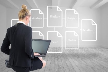Złożony wizerunek blondynki bizneswoman używa laptop