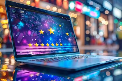 Laptop wyświetlający ocenę pięciu gwiazdek