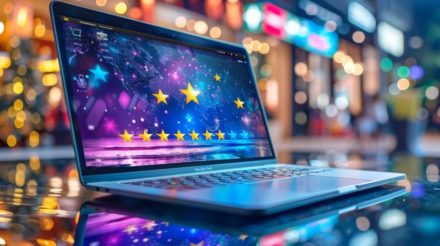 Laptop wyświetlający ocenę pięciu gwiazdek