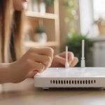 Kobieta łącząca kabel z routerem WiFi przy stole w pomieszczeniu
