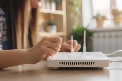 Kobieta łącząca kabel z routerem WiFi przy stole w pomieszczeniu