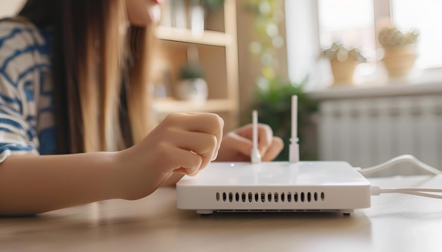 Kobieta łącząca kabel z routerem WiFi przy stole w pomieszczeniu