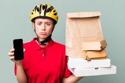 Ładna blondynka doręczycielka z papierową torbą