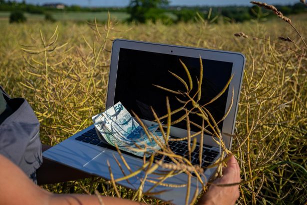 Laptop na pięknym, spokojnym polu, obejmującym połączenie natury i technologii