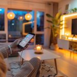 Kobieta używająca smartfona do sterowania inteligentnym oświetleniem i rozrywką w przytulnym salonie w nocy