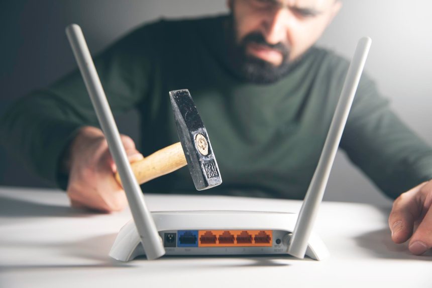 Wściekły człowiek z routerem Wi-Fi