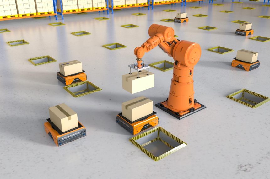 Fabryka automatyki lub ładunek z ramionami robotów i robotami magazynowymi
