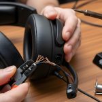 Repairing broken headphones with soldering iron on wooden table