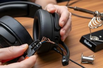 Repairing broken headphones with soldering iron on wooden table