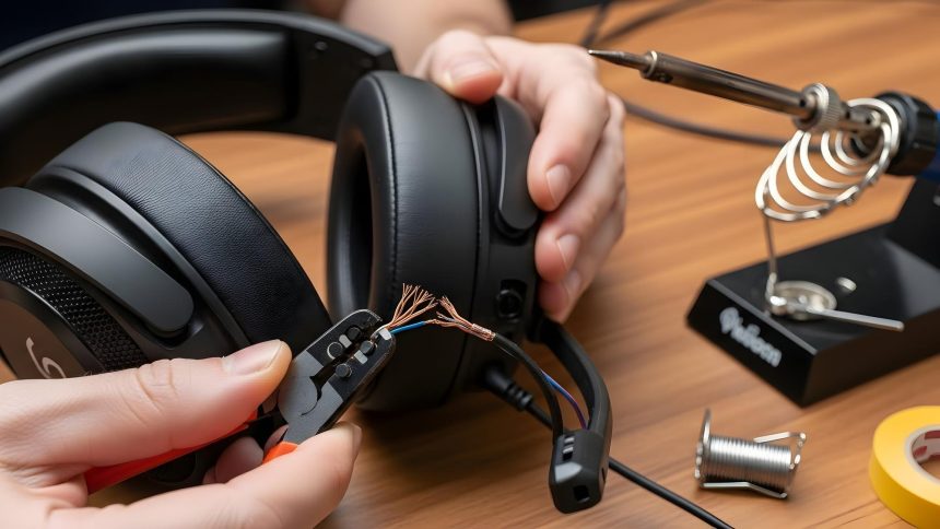 Repairing broken headphones with soldering iron on wooden table